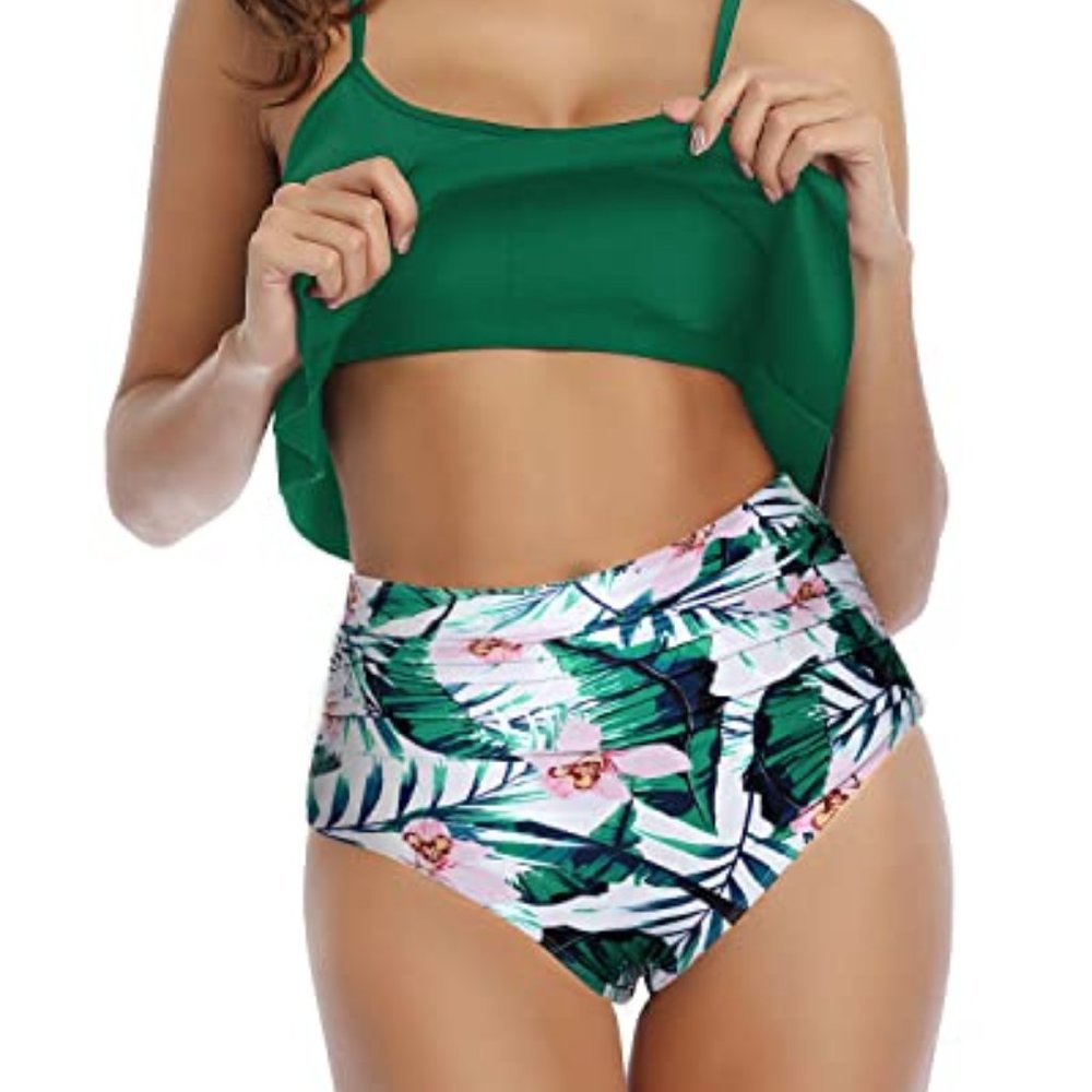 High Waisted Tropical Palm Floral Print Bikini Bottoms